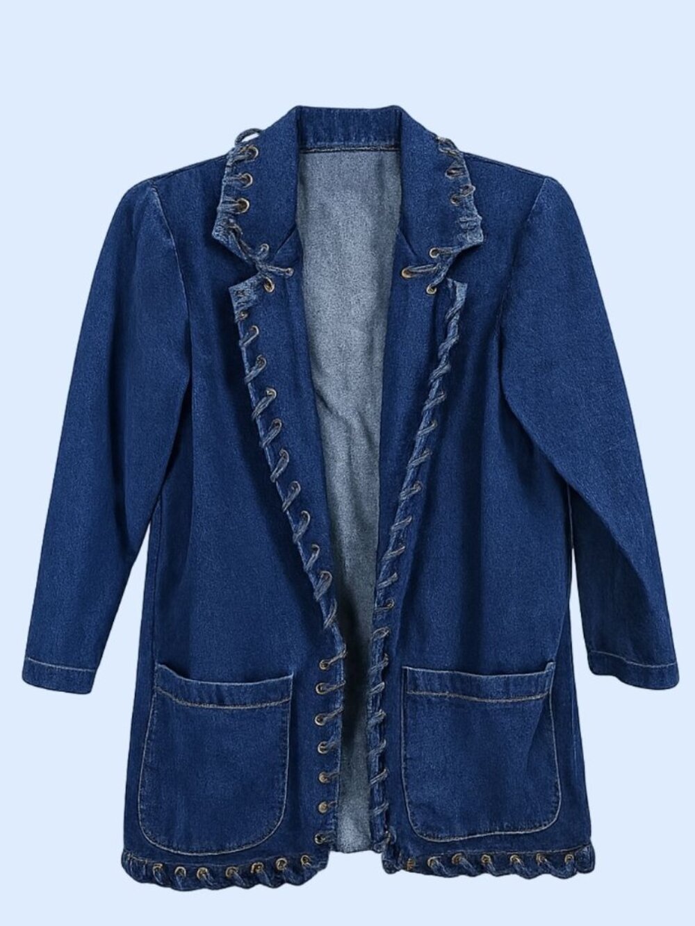 Newport News long sleeve denim laced trim pockets dark denim blazer jacket S